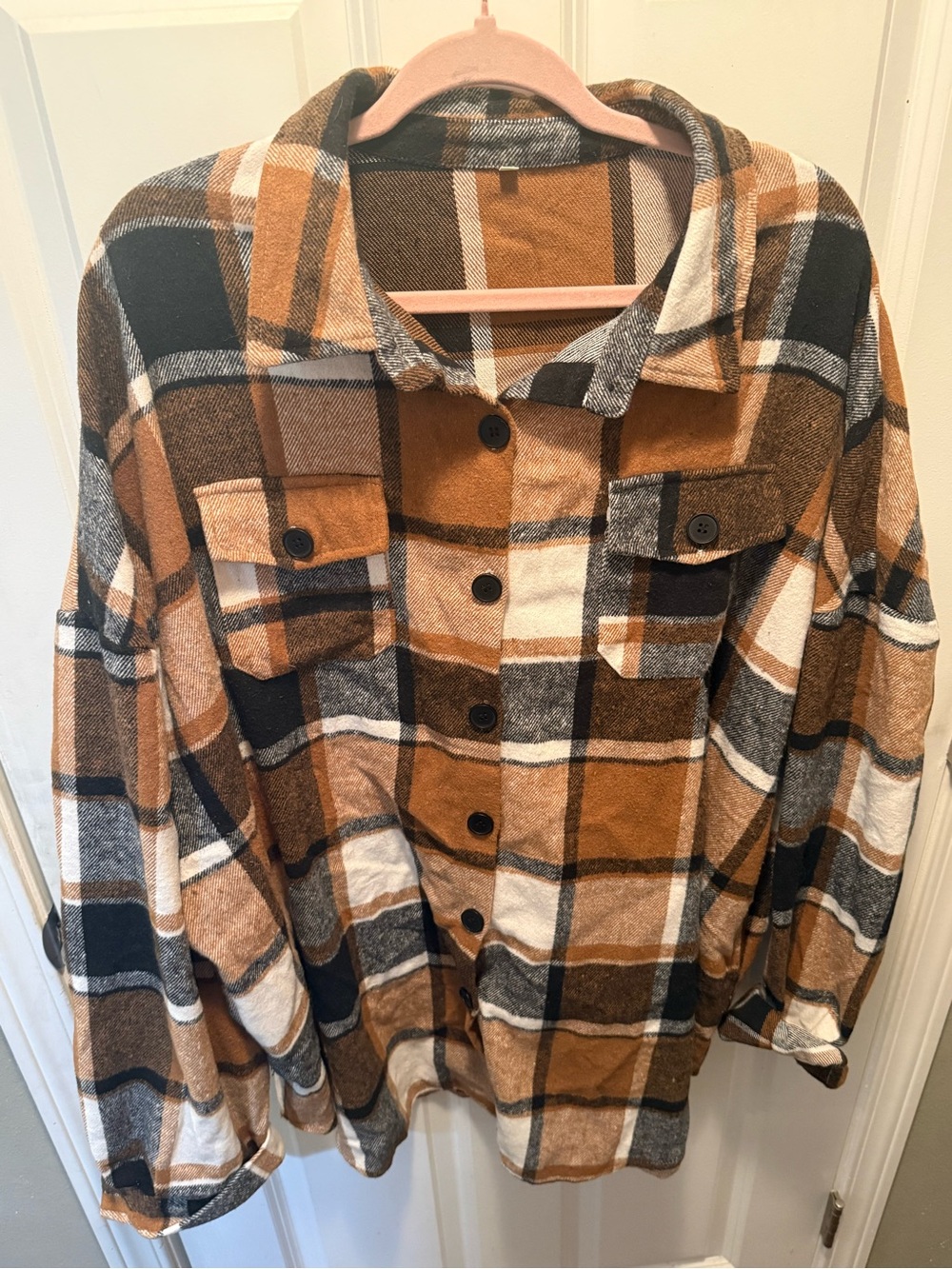 Amazon Women's Button-Down Plaid Shirt Jacket in Tan, Black, White